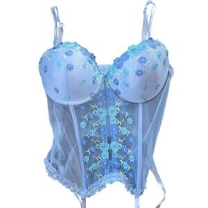 Fairy Coquette Bustier Corset Sheer Blue Floral Garters Dainty Floral Women 1X